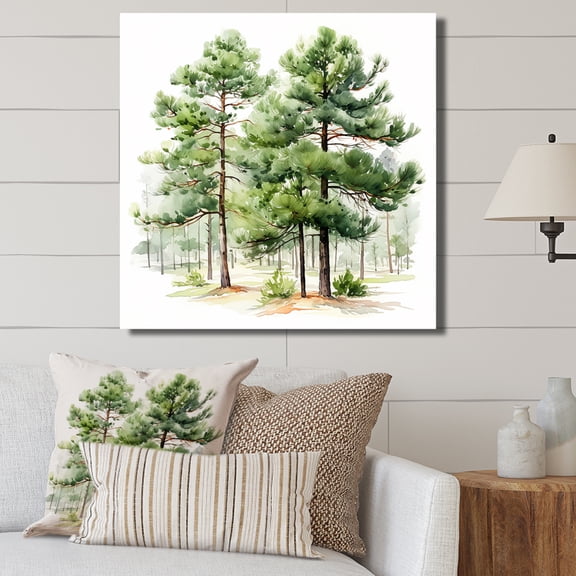 Designart "Green Pine Tree Forest in Watercolor" Landscapes Wall Art - Country Green Tree Hallway Wall Art Decor