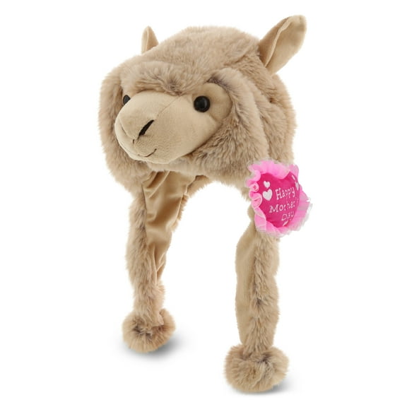 DolliBu Happy Mother's Day Super Soft Brown Llama Plush Hat - Cute Stuffed Animal with Pink Heart Message for Best Mommy, Grandma, Wife, Daughter - Cute Farm Life Plush Toy Gift - 16.5 Inches