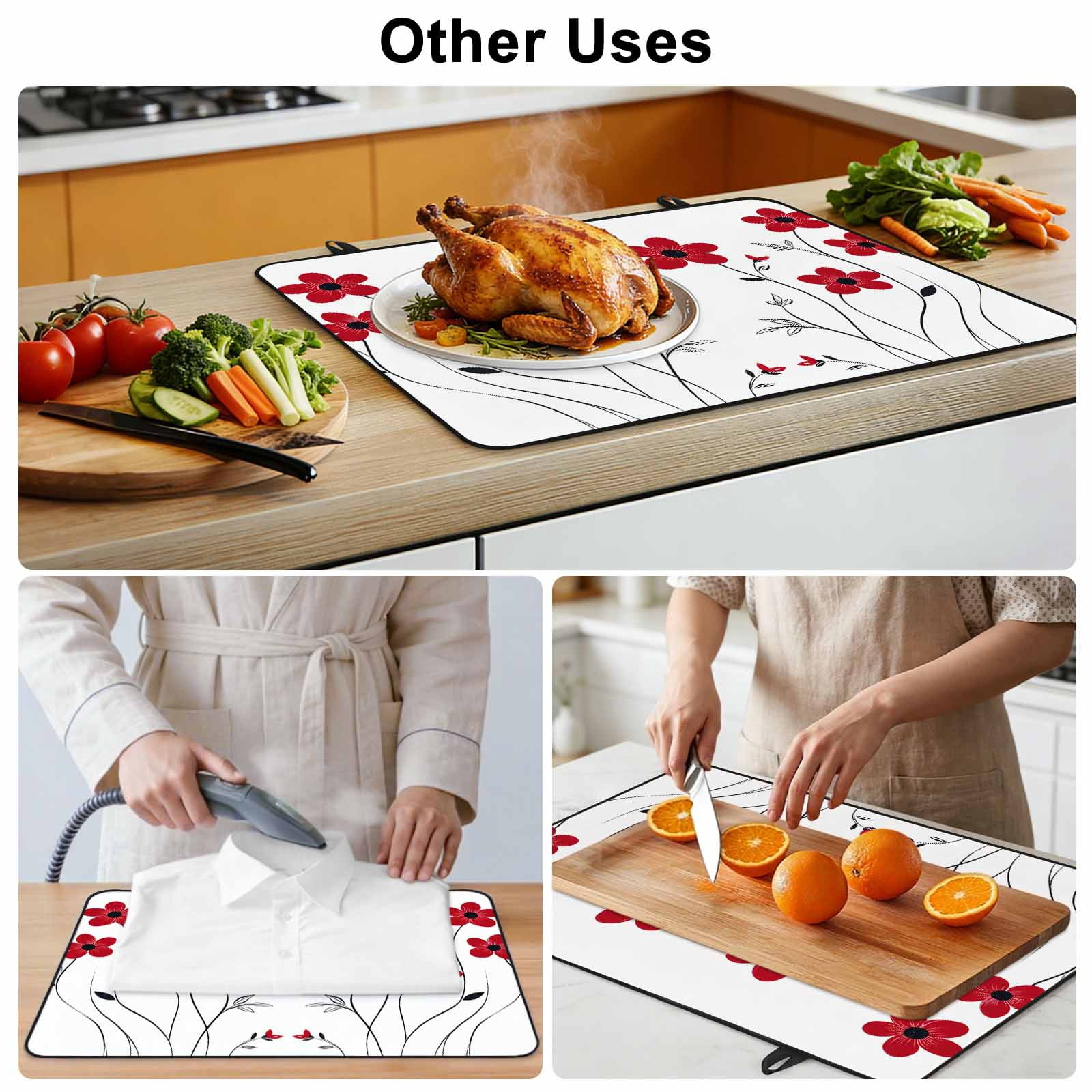 Red Spring Floral Stove Top Cover for Electric Stove, Heat-proof & Non Slip Glass Top Stove Cover Protector, Elegant Summer Botanical Pastoral Kitchen Flat Cooktop Rubber Mat 24x21 Inches