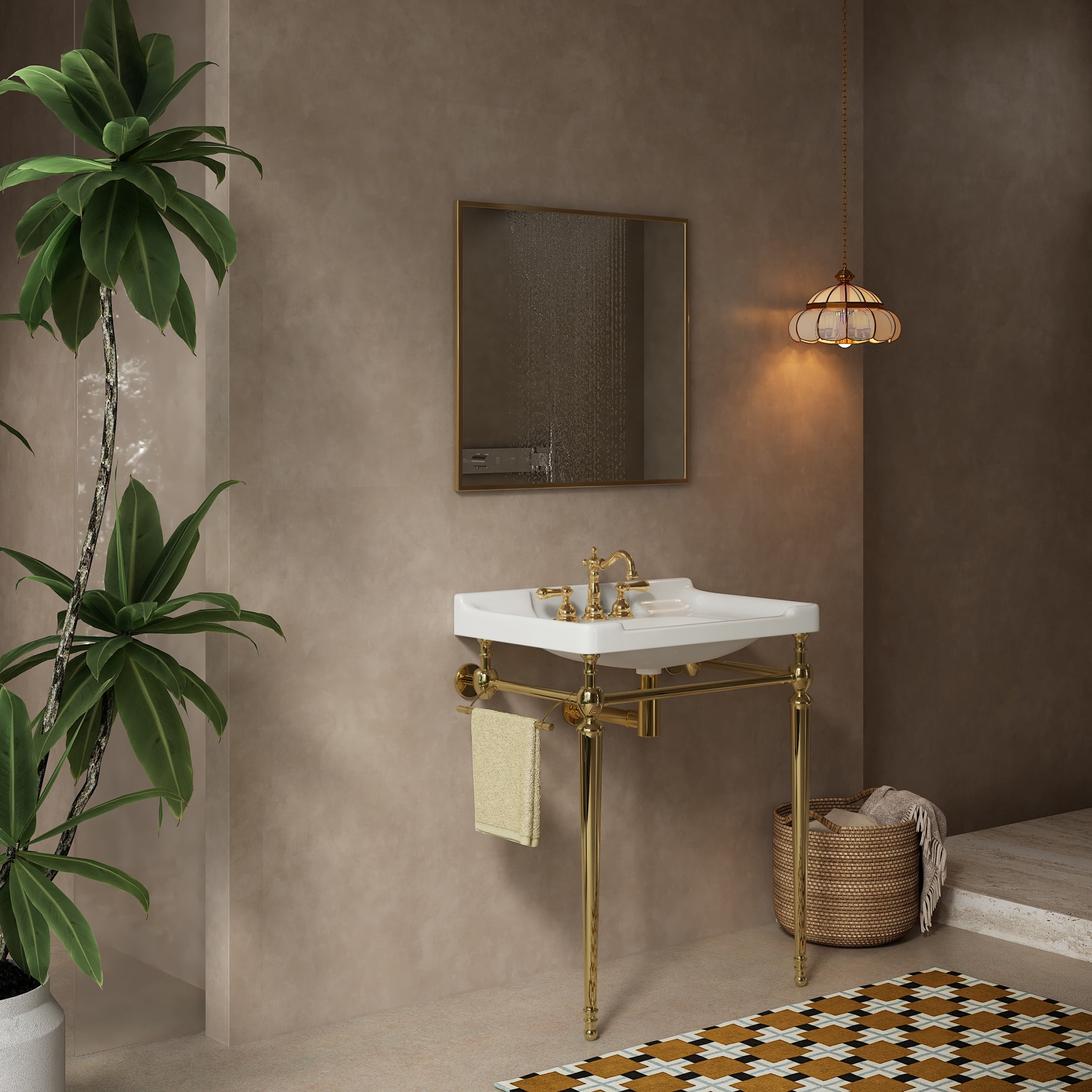 Noble House VICI 28" Bathroom Console Sink, Wall-Mounted Ceramic Basin Vanity with Stainless Steel Legs, White & Gold