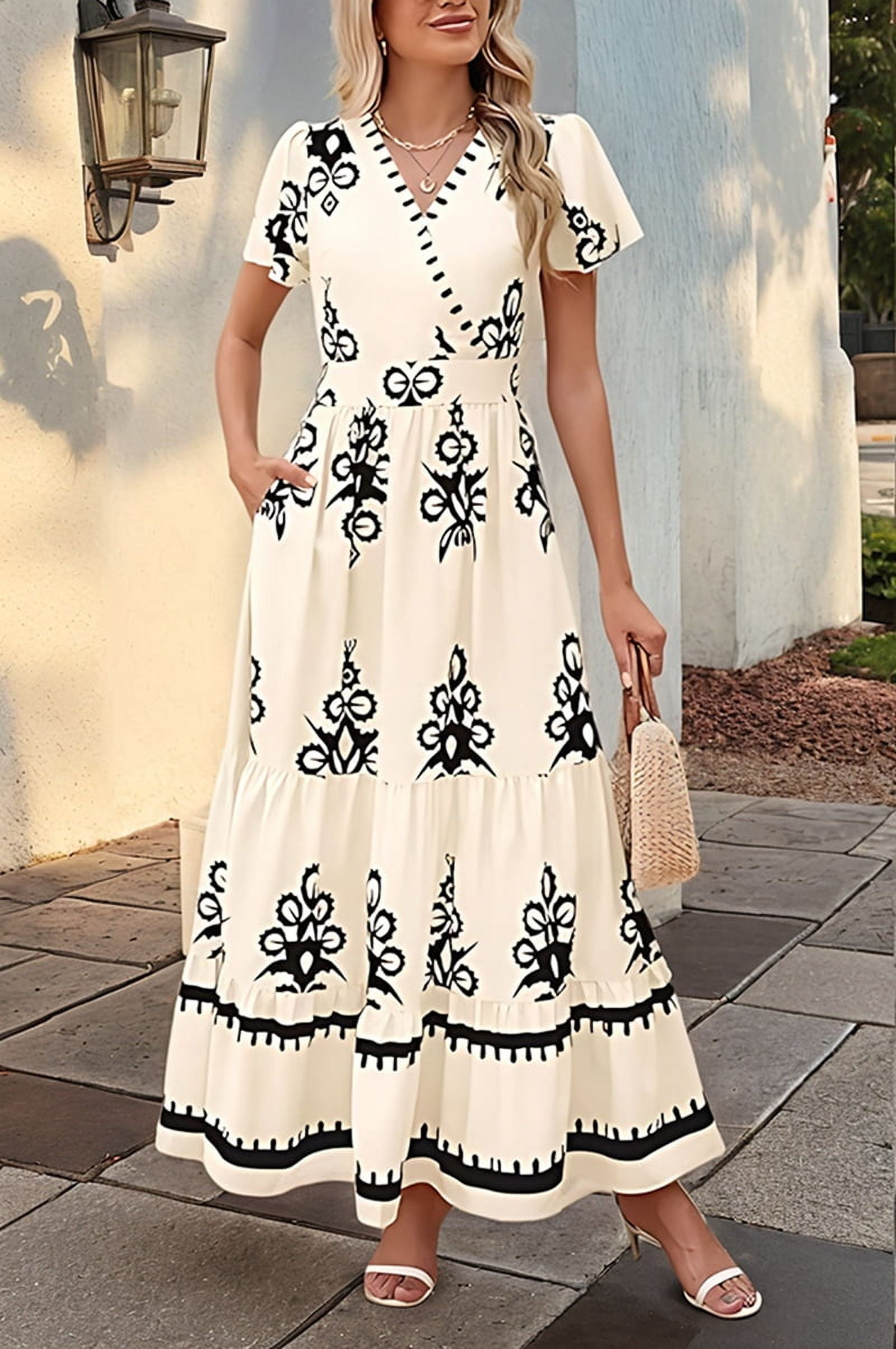 Womens 2025 Summer Casual V Neck Boho Maxi Dress Flowy Aline Bell Sleeve Tiered Floral Dresses with Pocket S