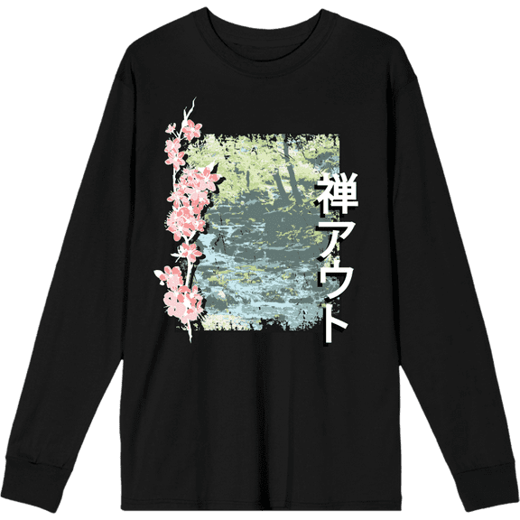 Cherry Blossom River Adult Black Crew Neck Long Sleee Tee-Medium