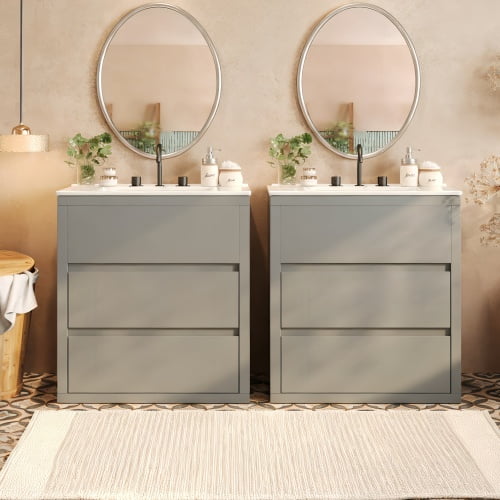 60 inch Double Sink Bathroom Vanity Set, Two Separate Ceramic Sinks Vanity, Modern Bathroom Cabinet with Soft Close Drawers, Gray