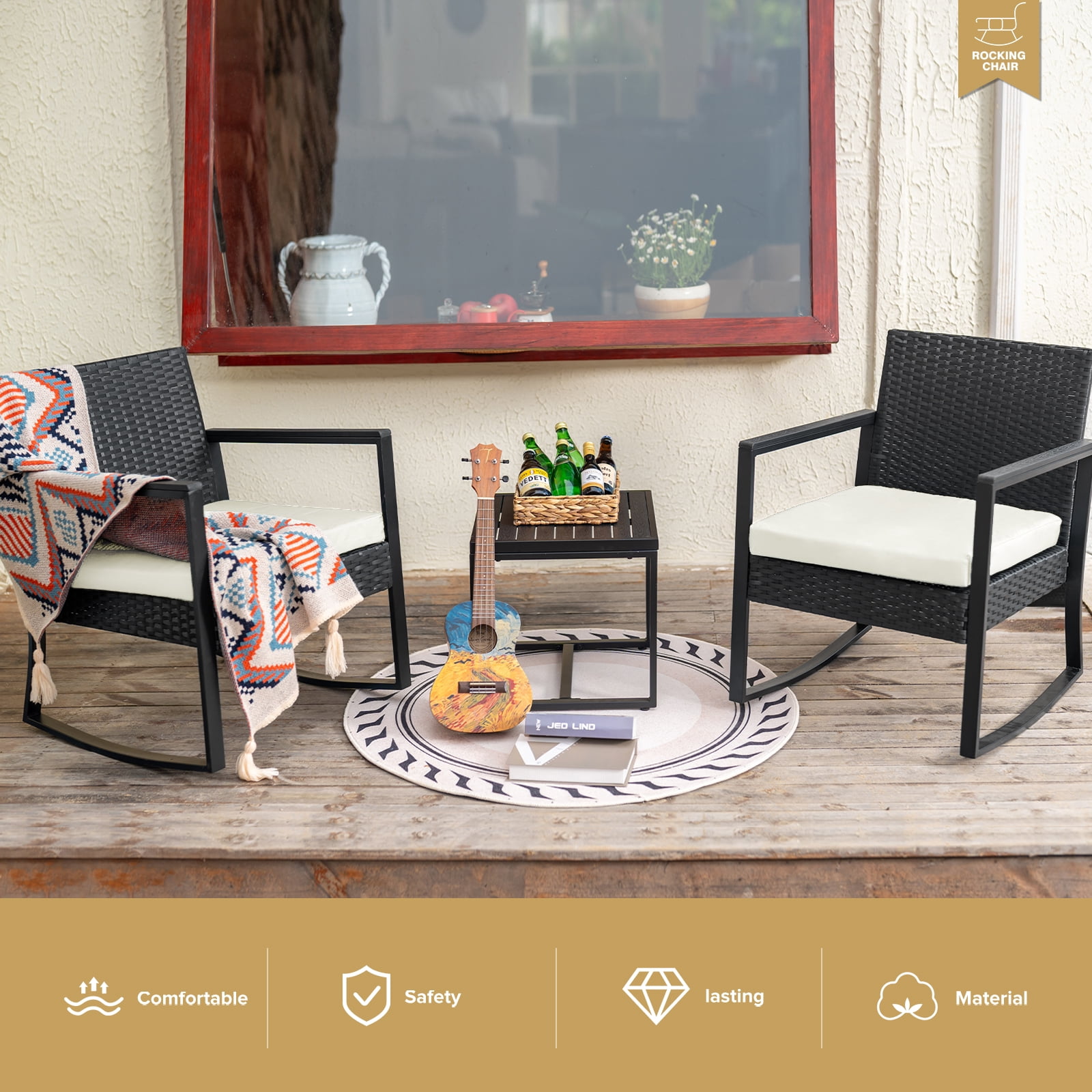 JORVIMAX Patio Conversation Set Outdoor Furniture Set Porch Bistro Set Rocking Chairs With Coffee Table Beige