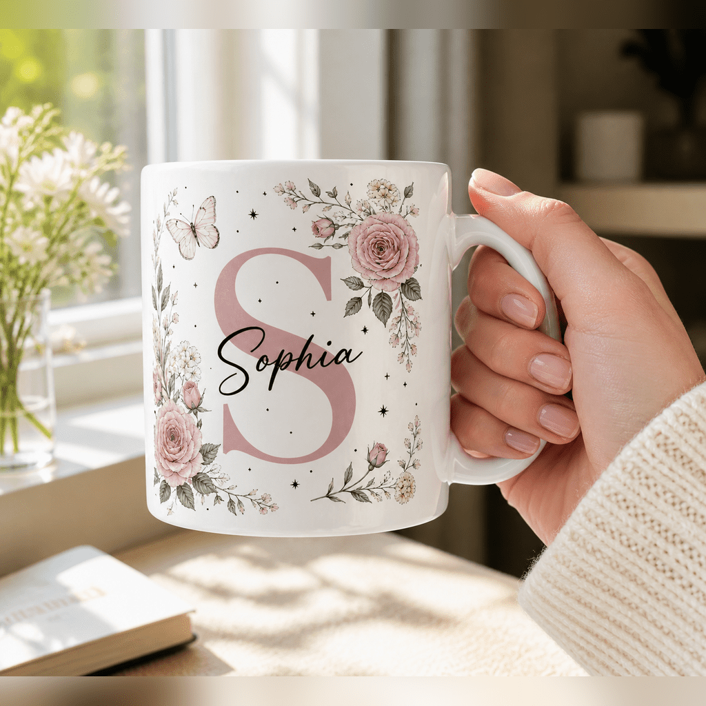 Personalized Mug Floral Initial Ceramic Coffee Cup Custom Name Gift