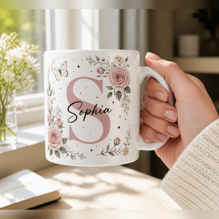 Personalized Mug Floral Initial Ceramic Coffee Cup Custom Name Gift