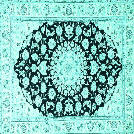 Ahgly Company Machine Washable Indoor Square Medallion Turquoise Blue Traditional Area Rugs, 4' Square