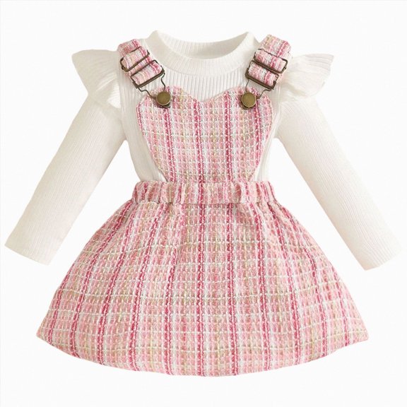 mgoYE Baby Girl Clothes Sets: 2 Piece Skirt Sets Ribbed Top Suspender Plaid Skirts Fall Outfits for Toddler9 12 18 24M 3T(Pink,18-24 Months)
