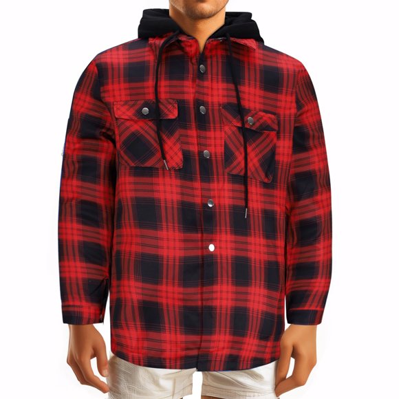Penkiiy Men's Plaid Hooded Shirt Casual Long Sleeve Button Down Flannel Jacket Checkered Lightweight Shacket Shirts XL Red