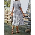 thumbnail image 3 of Women'S Summer Ruffle Puff Sleeve Dress Short Sleeve V Neck High Waist Casual Loose Striped Midi Dresses Grey S, 3 of 6