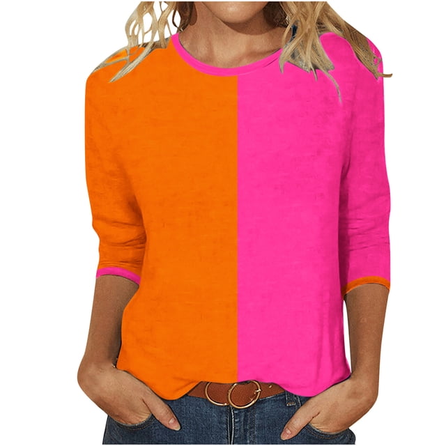 aidice T-Shirts pour Femmes à Manches 3/4, Décontractés, Col Rond, Ajustés, Confortables, à Blocs de Couleur