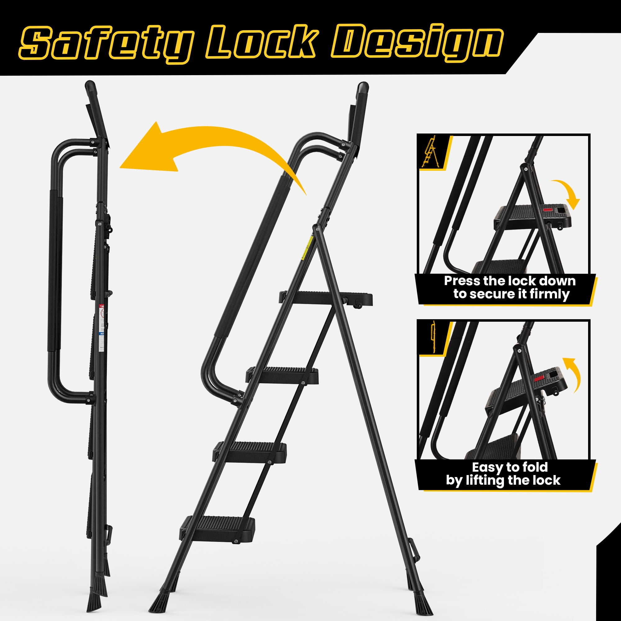 LevLad Folding 4 Step Ladder with Dual Handrails, Tool Bag & Anti-Slip Pedals, Stable Steel Step Stool for Seniors Home Use