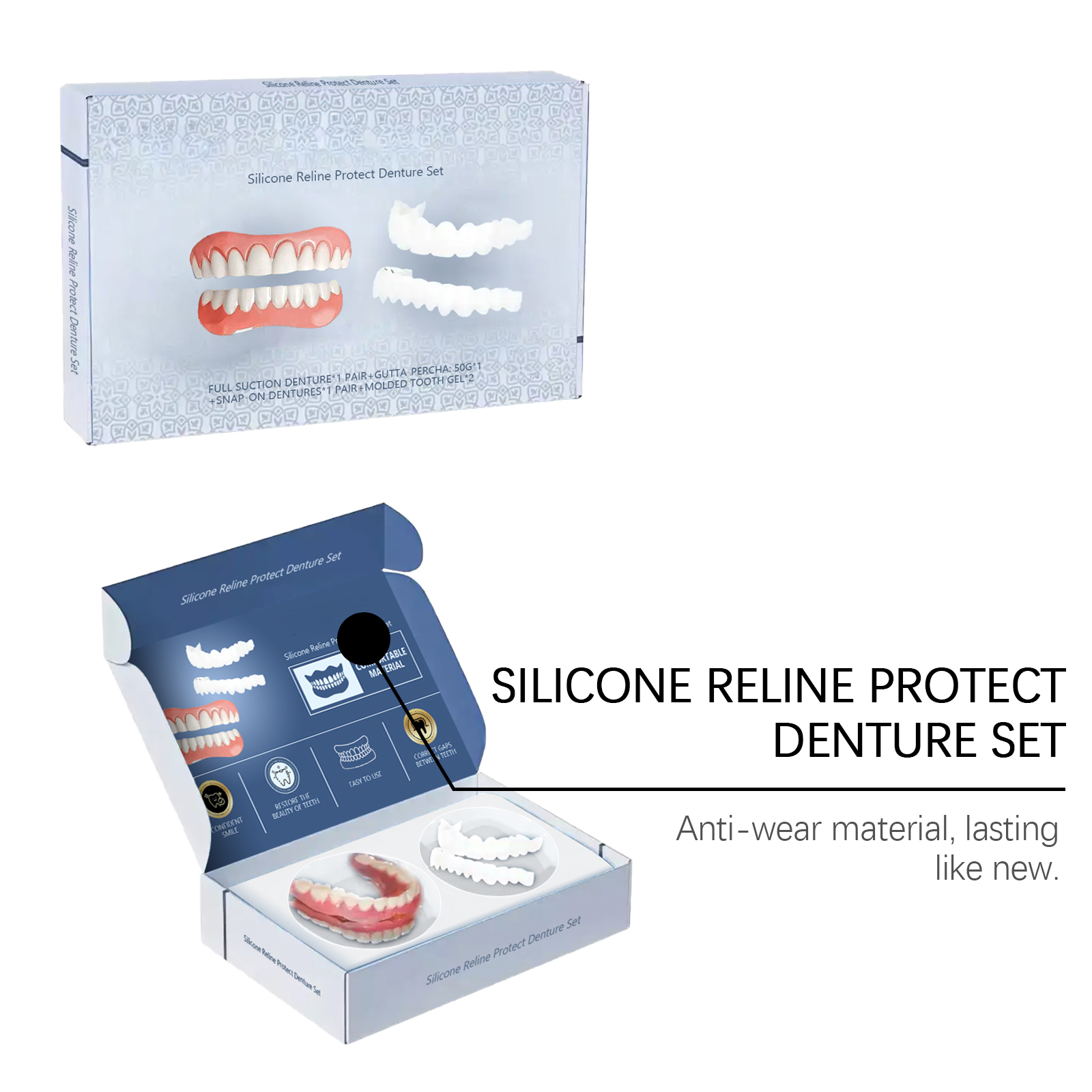 Alvantor Silicone Reline Protect Teeth Set, Full Suction Adjustable Fake Teeth for Instant Smile Enhancement Comfort Fit