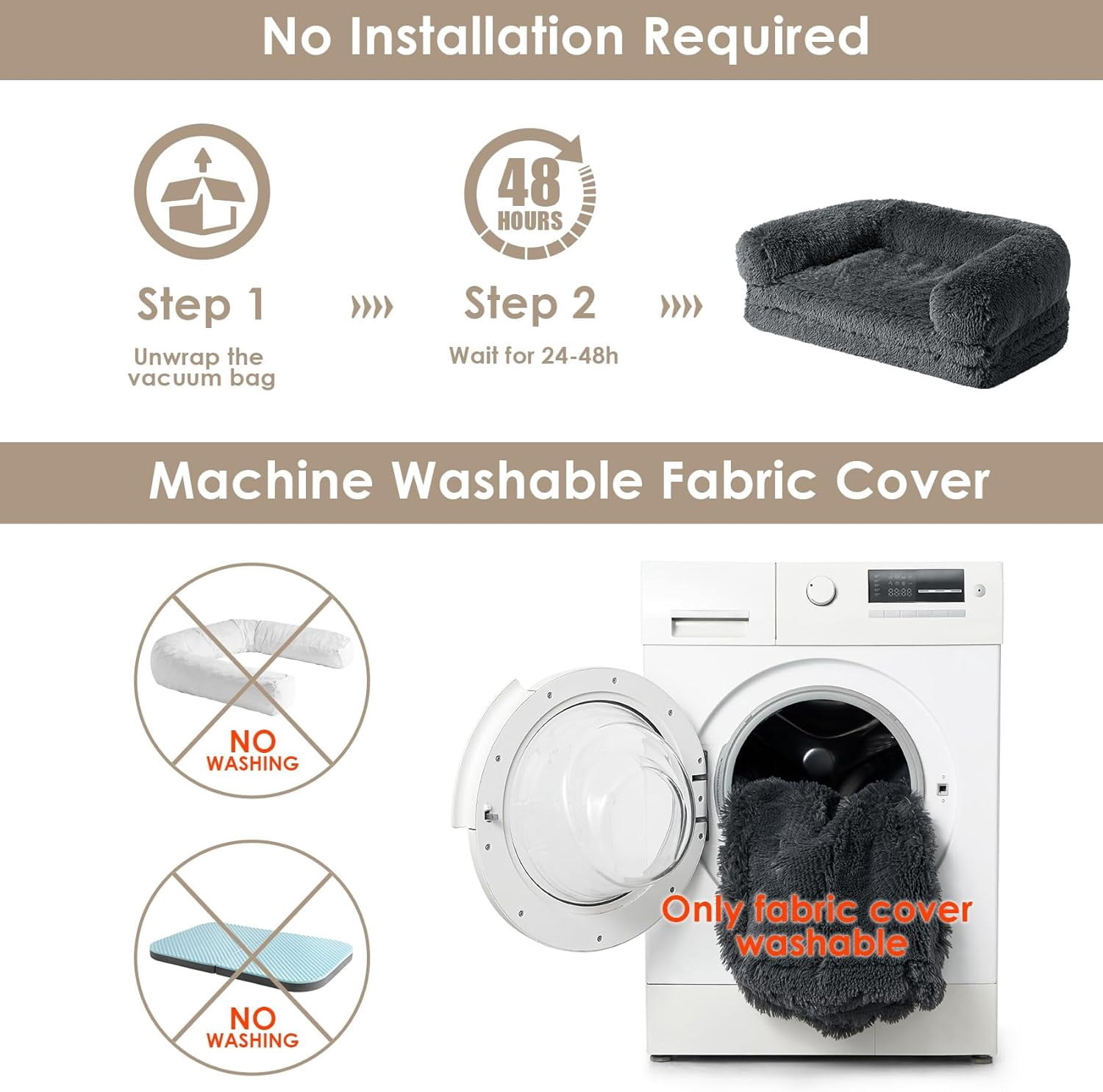 Foldable XXL Dog Bed for Large Sized Dog, 54"x38"x7.5" Faux Fur Fluffy Pet Couch Bed, Orthopedic Calming Memory Foam Big Pet Bed, Washable Pet Sofa Bed with Non-Slip Bottom, Dark Grey