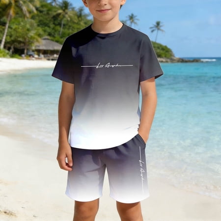 Gyexs Boys Summer Outfits Size 4-14 Gradient Track Suits Beach 2 Piece Shorts Sets Short Sleeve Sweatsuit Black 6-7 Years