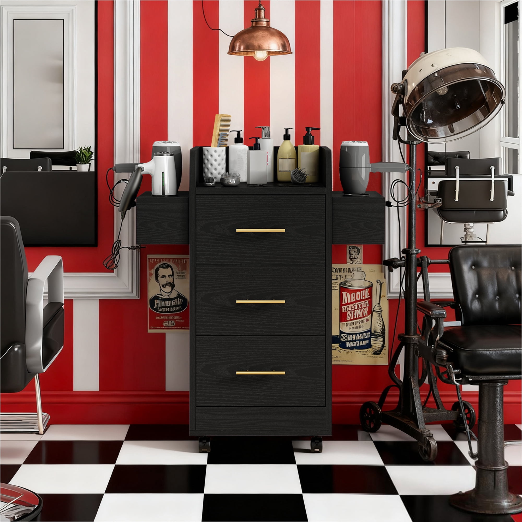 4 EVER WINNER Black & Gold Barber Cabinet with Gold Handles, Rolling Salon Storage Cart for Hair Stylists, 3 Drawers & 6 Hair Dryer Holders, Durable Engineered Wood Mobile Station for Salon Spa Home
