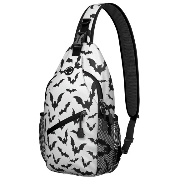 Sling Backpack,Halloween Bat Pattern Sling Bag with Water Bottle Holder,Waterproof Sling Bag for Men/Women with Headphone Jack for Hiking,Travel
