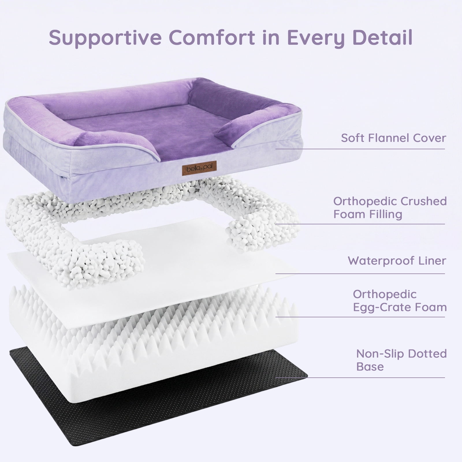 BELLA & PAL Orthopedic Dog Bed for Medium Small Dogs – No Assembly Needed, Egg-Crate Foam Dog Couch with Waterproof Liner, Washable Removable Cover, Non-Slip, 28"x23"x6.5", Purple