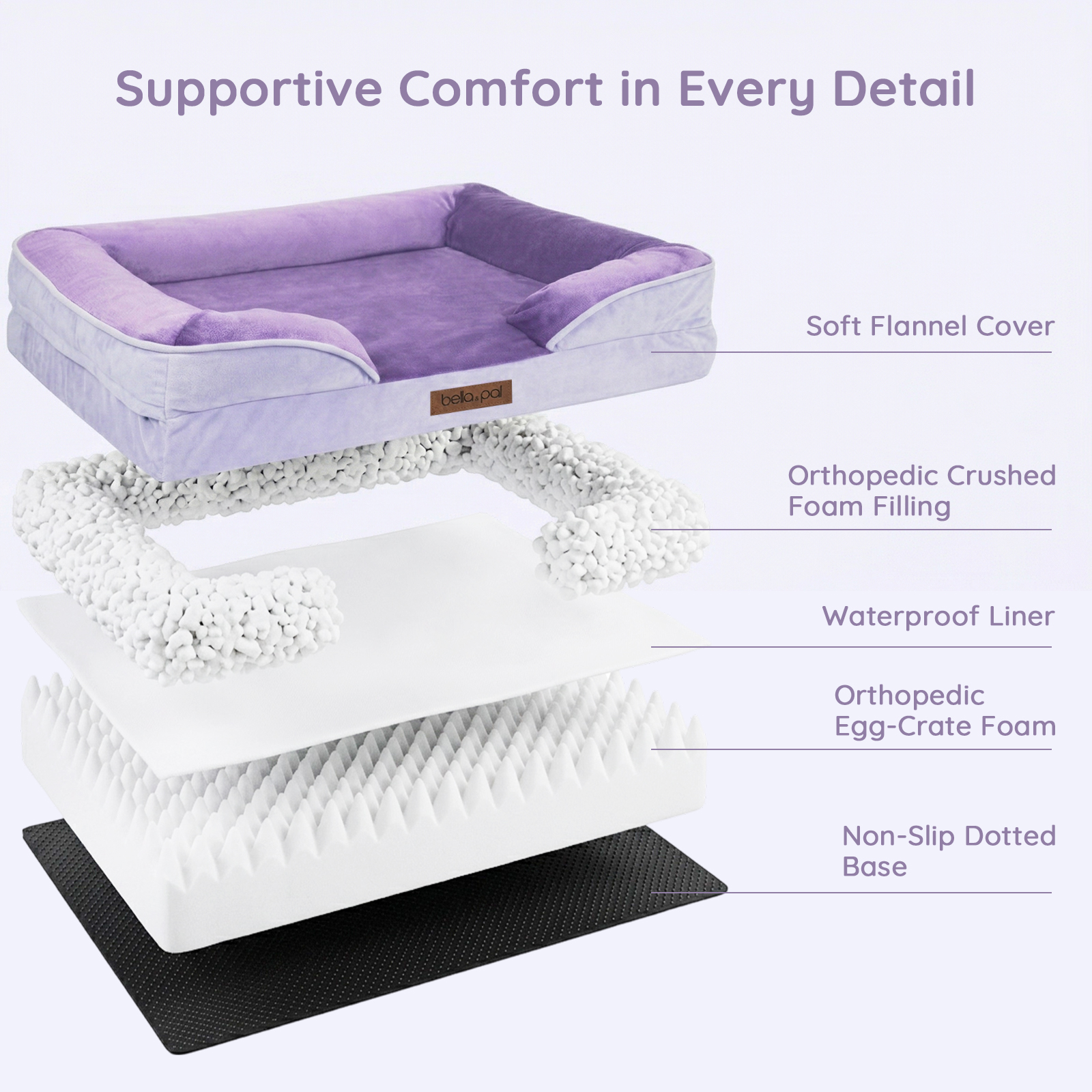 Bella & Pal Orthopedic Dog Bed, Large, Purple photo 6