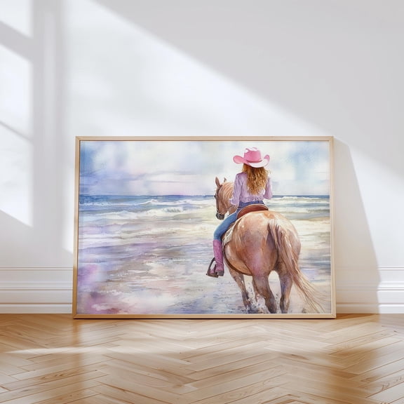 Coastal Cowgirl Printable Wall Art Beach Horse Girl Wall Decor Pink Cowboy Hat Preppy Room Girly Horseback Riding Print UNFRAMED Poster, Wall Art for Decor, Present, 8x12