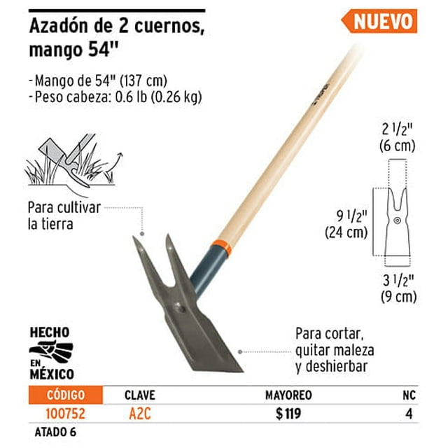 Azadón dos cuernos,mango de madera 54' Truper Azadón dos cuernos,mango de madera 54'