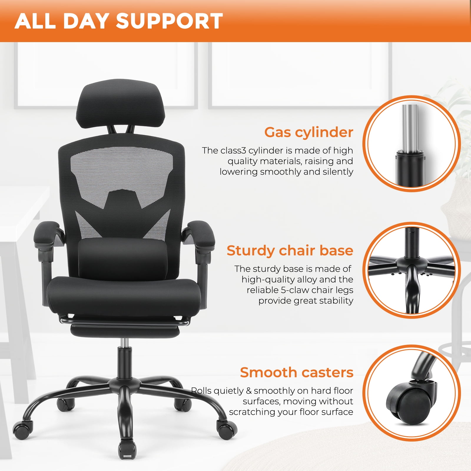 MCQ Ergonomic Mesh Office Chair, High Back Home Swivel Chairs with Adjustable Lumbar Support, Headrest, Footrest, and Armrests, Black