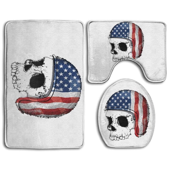 GOHAO Motorcycle American Flag Skull 3 Piece Bathroom Rugs Set Bath Rug Contour Mat and Toilet Lid Cover