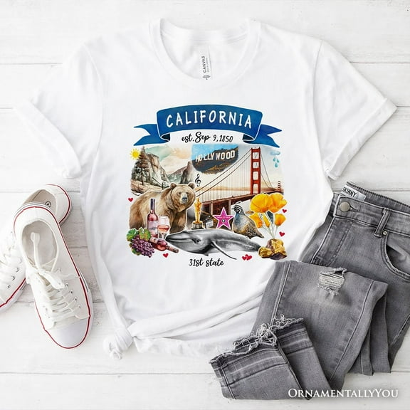 Artistic California State Themes and Landmarks T-Shirt, Tee for History and Travel Lovers