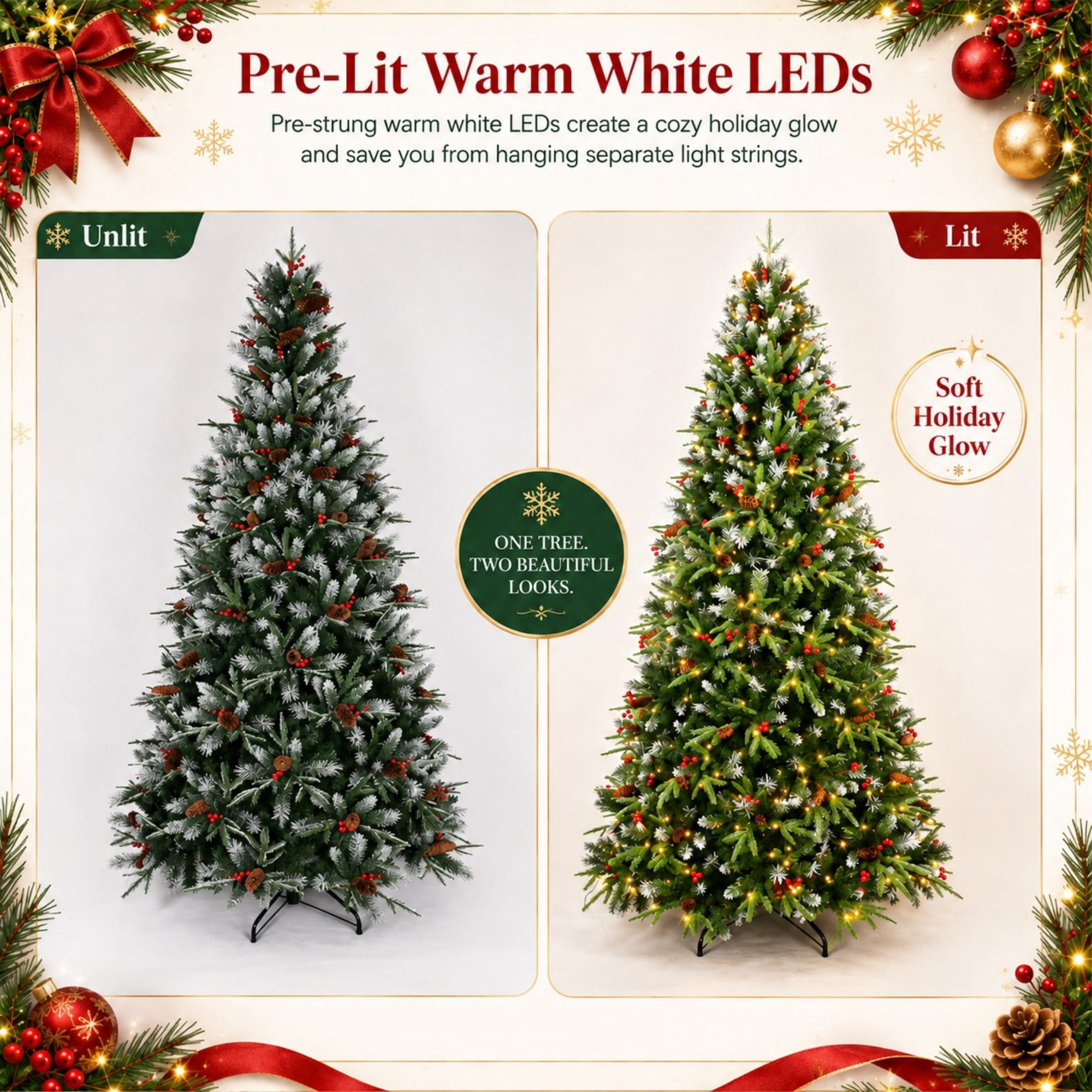 DEALTOPS 9 FT Pre-Lit Snow-Tipped Christmas Tree with Red Berries, Pine Cones, 750 Warm White LEDs & 3750 Tips