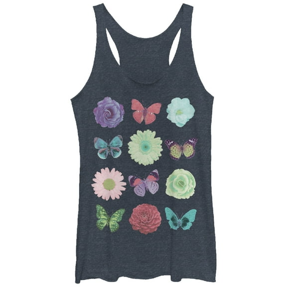 Women's Lost Gods Butterfly Flower  Racerback Tank Top Navy Blue Heather Large