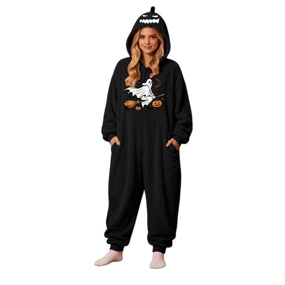 Halloween Pumpkin Hooded Onesie Adult Pajama Party Onesie Flannel Costume Jumpsuit, Couples Matching Hooded Pajama for Halloween Sleepwear Loungewear