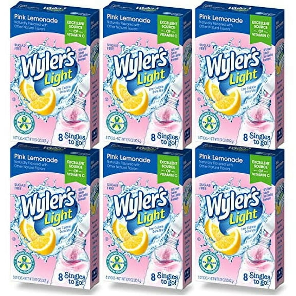 Wyler's Light Singles To Go Drink Mix, Pink Lemonade, 6 pack (48 Drink Sticks Total)