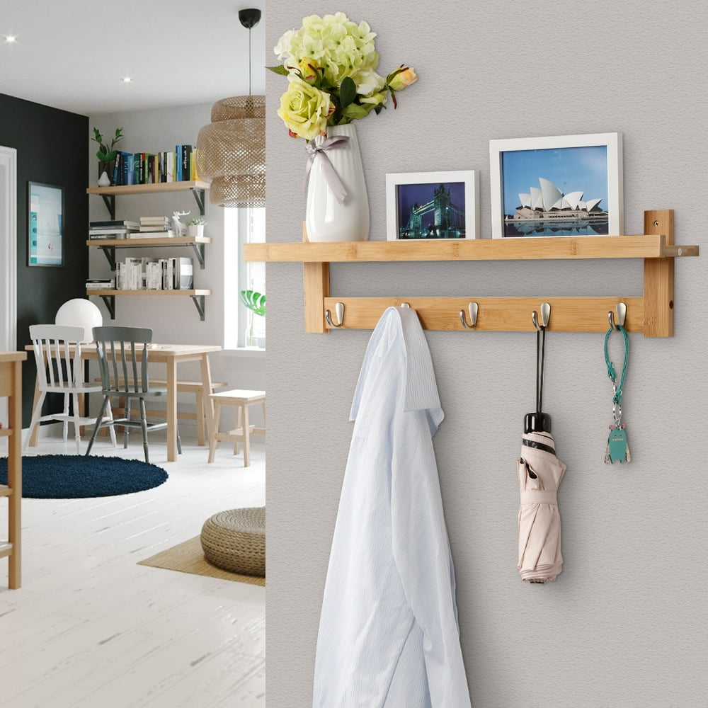Wall Mounted Standard Coat Rack, 5 Metal Hooks and Upper Shelf for