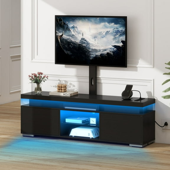Dextrus TV Stand with Mount & Power Outlet, LED TV Mount for 55/60/65 inch TVs, Height Adjustable, Black