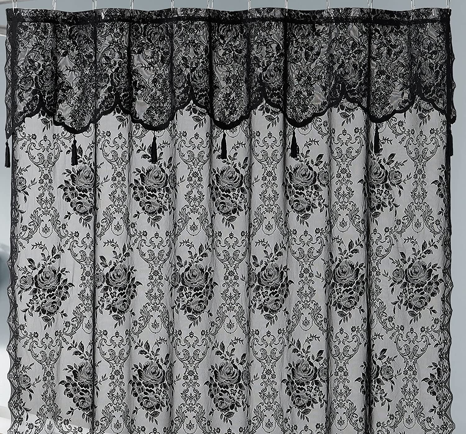 WARM HOME DESIGNS Black Extra Long Lace Shower Curtain 72 W x 96 L Inches with Attached Valance & Tassels. LA Black 96