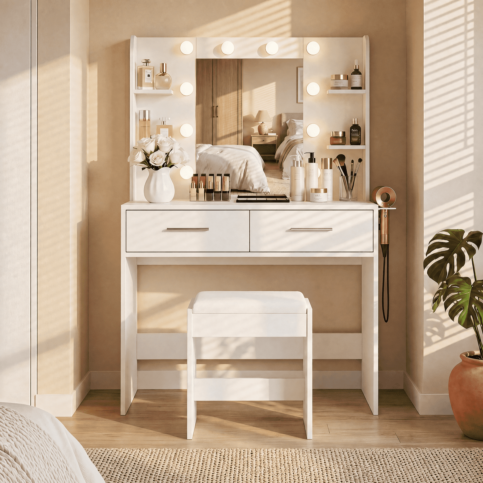 modern dressing table with mirror 43.3" Vanity Set Flip Top And Led Light, Dres and cool light 1 drawer dressing table with