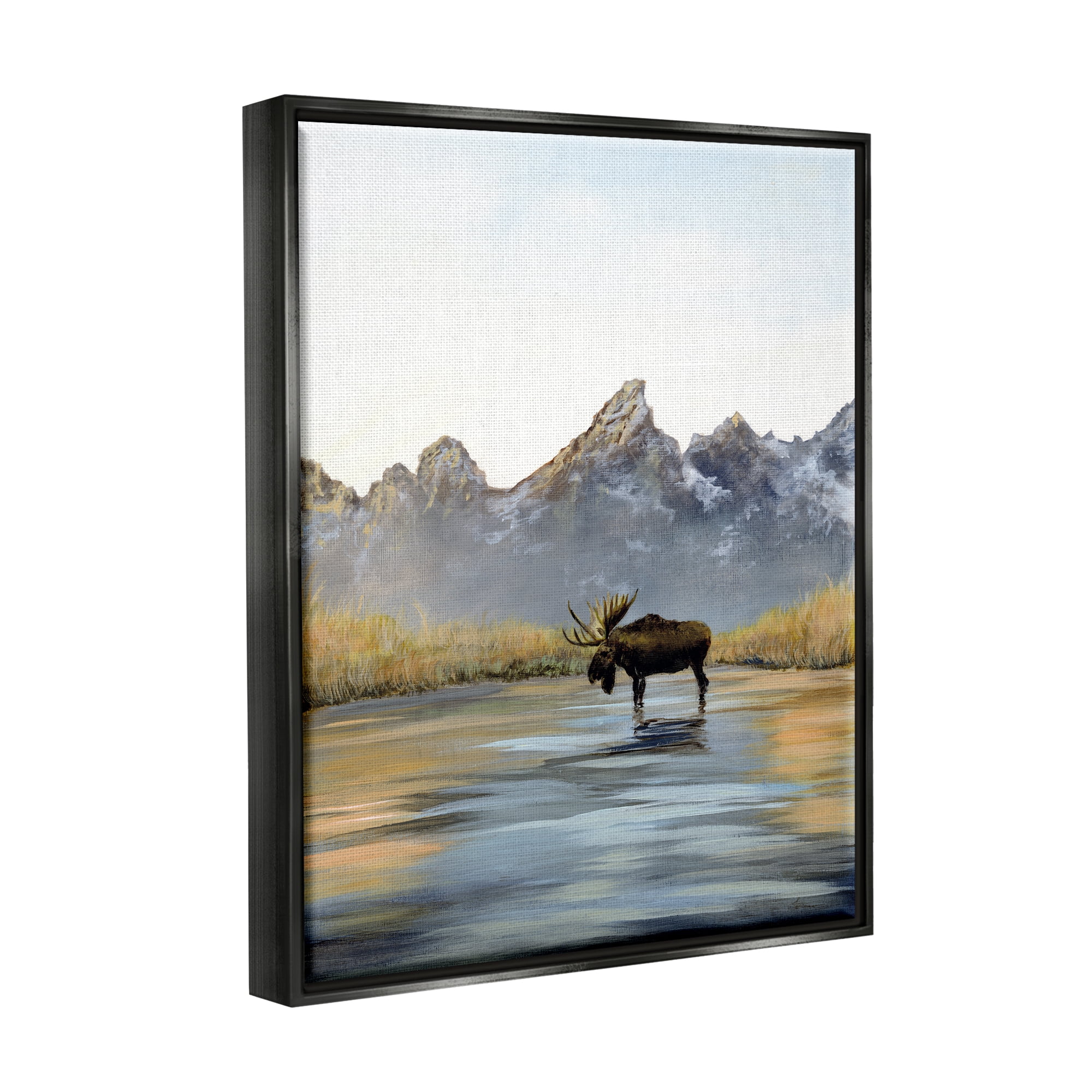 Stupell Industries Moose in Lake Scenery Nature Painting Black Floater Framed Art Print Wall Art, 17 x 21