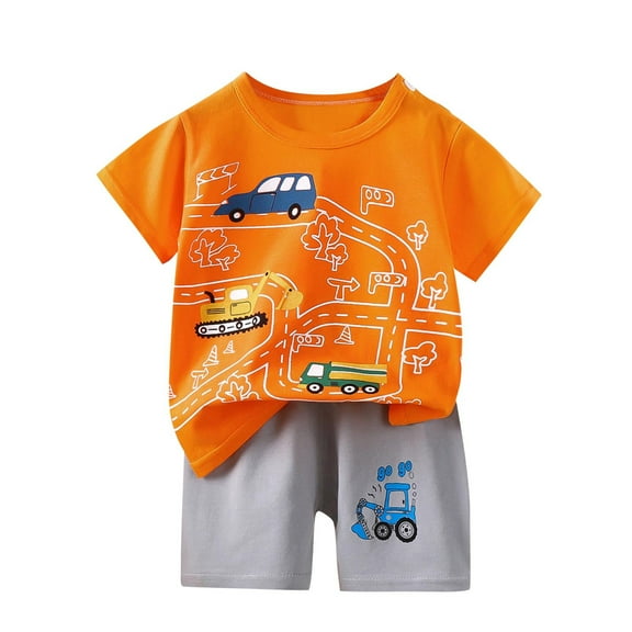 QNANSPI Boys Clothes, 2026 Kids Outfits, 6M-6Y Summer Fashion Printed Crew Neck Short Sleeve T Shirt Elastic Waist Shorts 2 Piece Lightweight Set