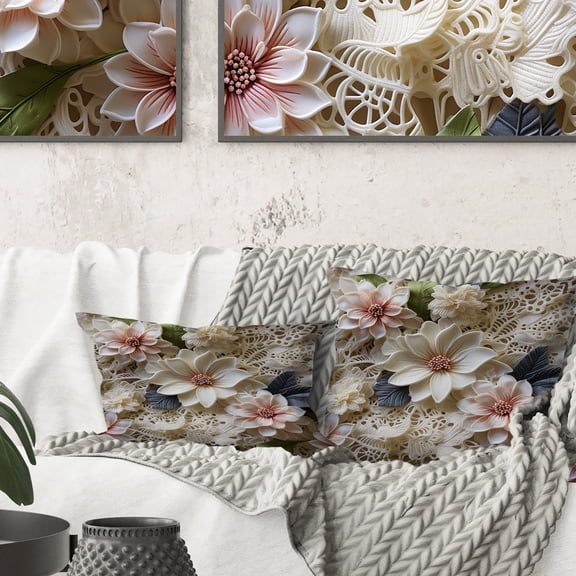 Designart "Vintage Floral Lace Veil In White V" Floral Printed Throw Pillow