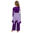 thumbnail image 3 of YiZYiF Kids Girls Worship Praise Dance Outfit 2-Piece Printed Irregular Liturgical Dress with Wide Leg Pants Set Purple 16, 3 of 6