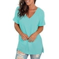 thumbnail image 5 of Karight Women V Neck Rolled Sleeve Tops Summer Curved Hem Short Sleeve T Shirts Loose Fit Tees, 5 of 5