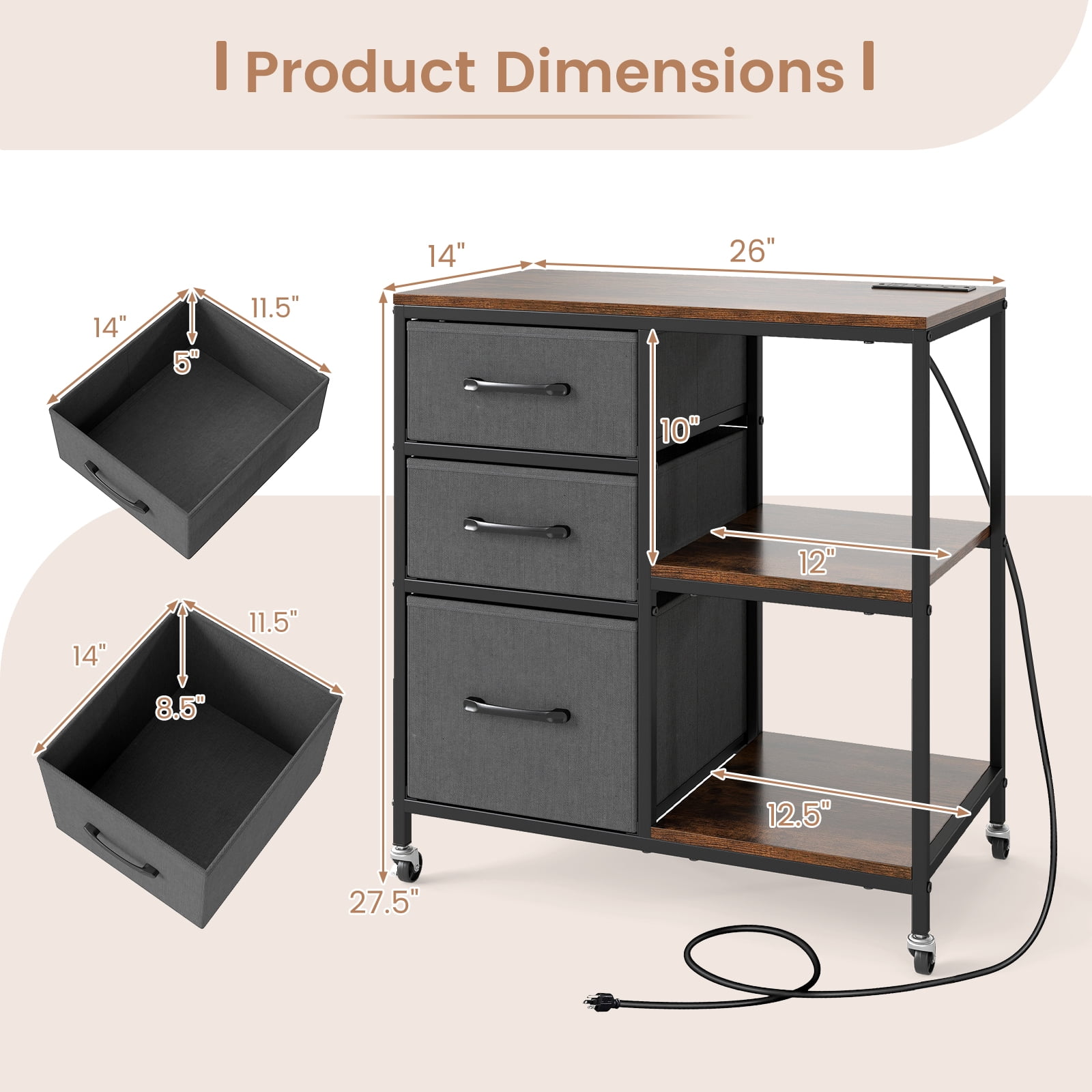 Gymax 3 Drawer Mobile File Cabinet w/ Charging Station Storage Cabinet on Wheels
