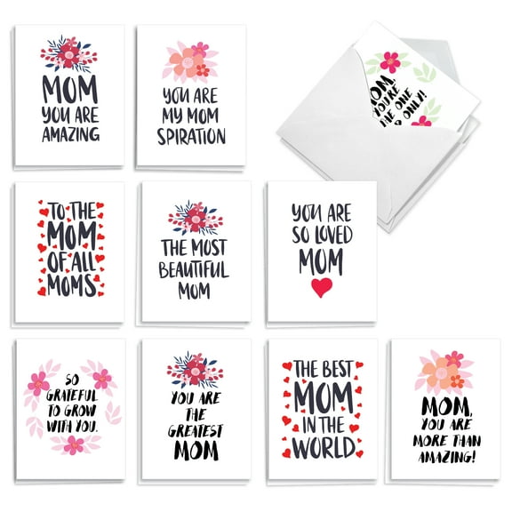 The Best Card Company 20 Assorted Mother's Day Notecards Bulk Box Set 4 x 5.12 Inch with Envelopes (10 Designs, 2 Each) Amazing Mom AM10351MDG-B2x10