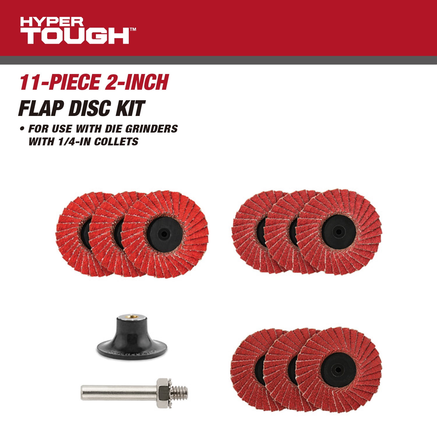 Hyper Tough 11-Piece 2-inch Mini Flap Disc Set with 36, 60, 80 Grit Discs