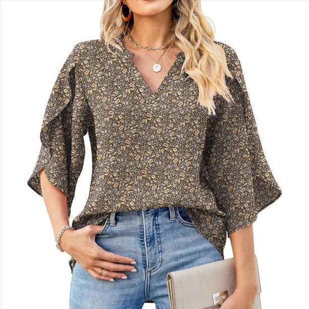 Blusas de Mujer con Mangas 3/4 y Cuello en V Holgado con Estampado de Pétalos de , Blusas de Trabajo de Negocios Flores Marrones L