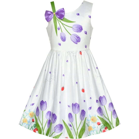 Girls Dress Purple Tulip Flower Bow Tie One Shoulder 6 Years