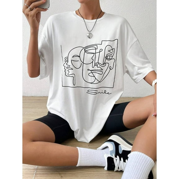 Summer White Y2k Abstract Figure Graphic Drop Shoulder Tee Graphic Shirt