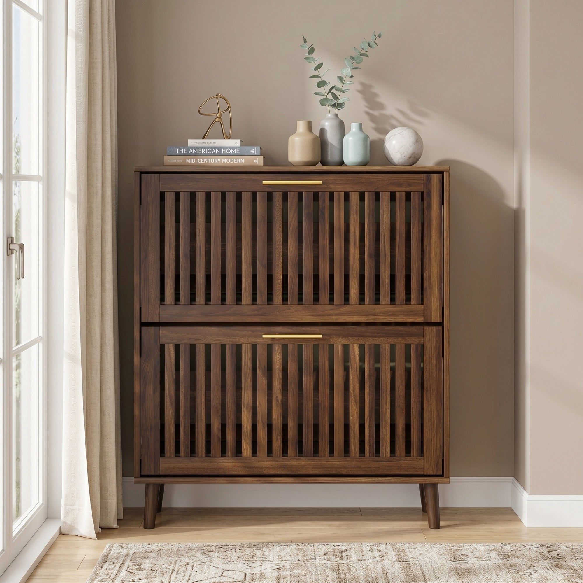 Sailvan 31.5" Walnut Shoe Storage Cabinet, Mid-Century Modern Freestanding Fence Cabinet