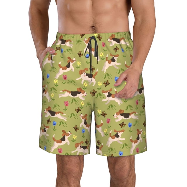 Sikiie Running Beagle Print Men's Beach Shorts, High Elastic Quick-drying Shorts - with Drawstring and Slip Pockets, Suitable for Beach, Sports, Vacation-Medium