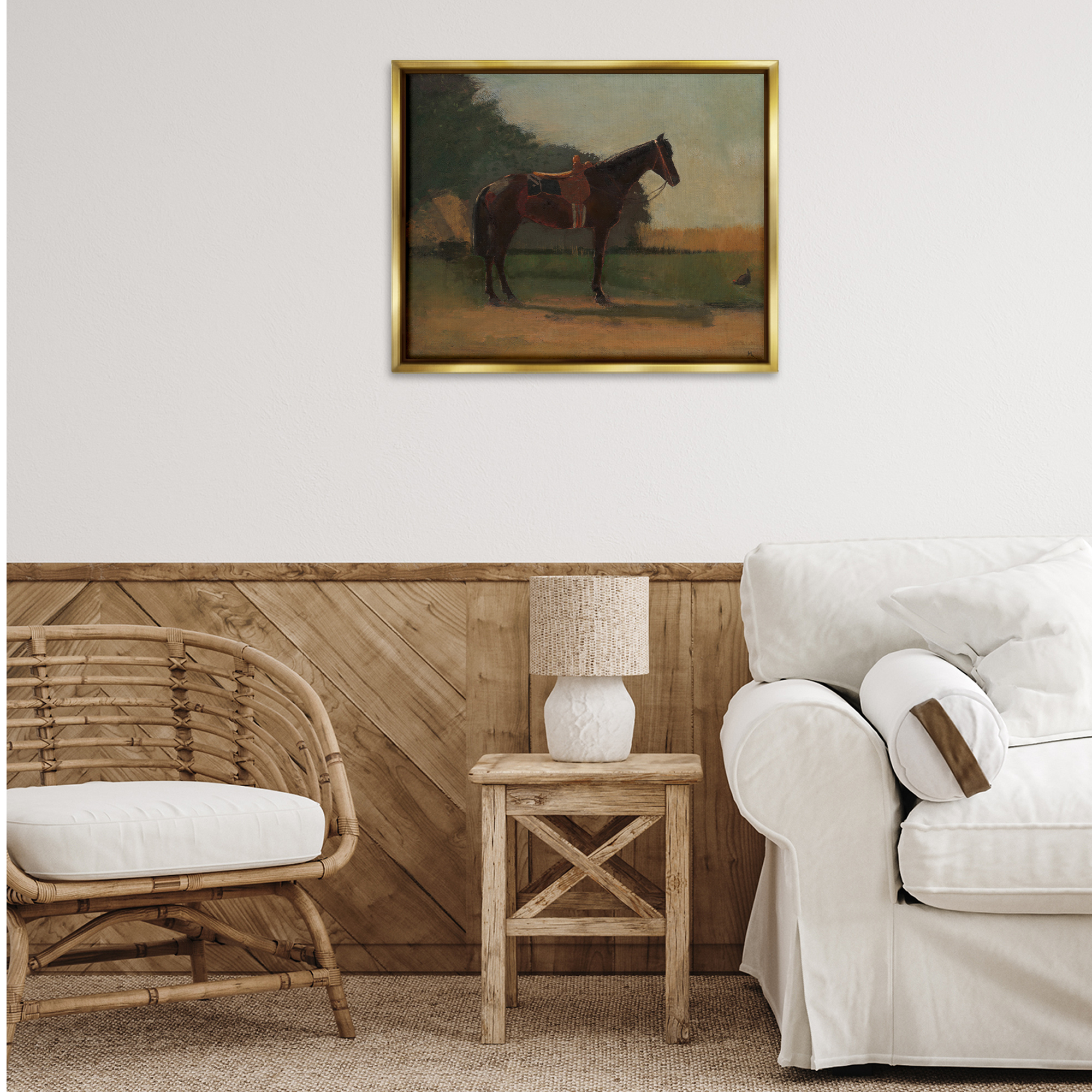 Stupell Industries Racing Horse with Saddle Animals & Insects Painting Gold Floater Framed Canvas Art Print Wall Art, 31 x 25